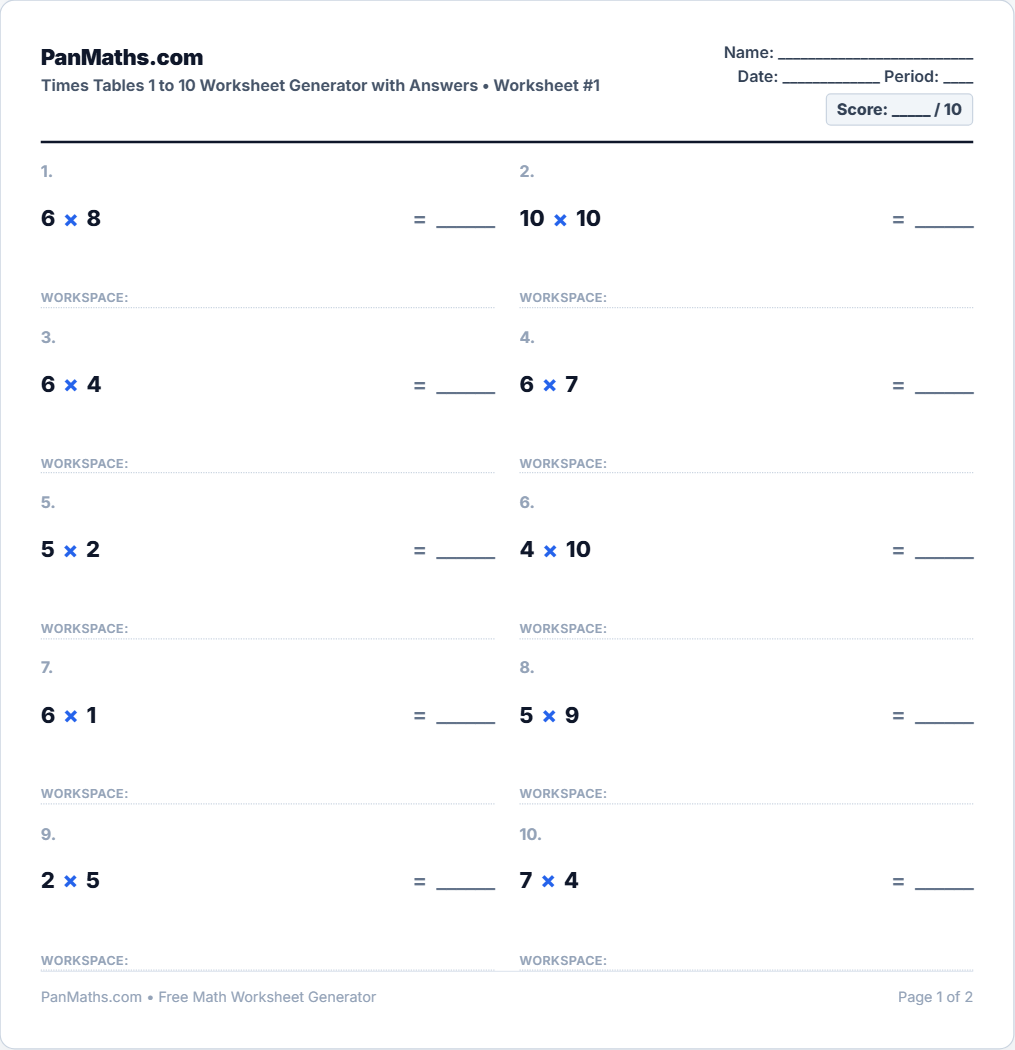 Times Tables 1 to 10 Worksheet Generator (PDF) | PanMaths