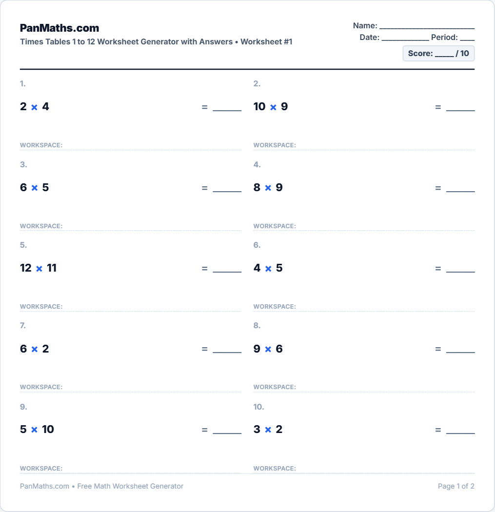 Times Tables 1 to 12 Worksheet Generator (PDF) | PanMaths